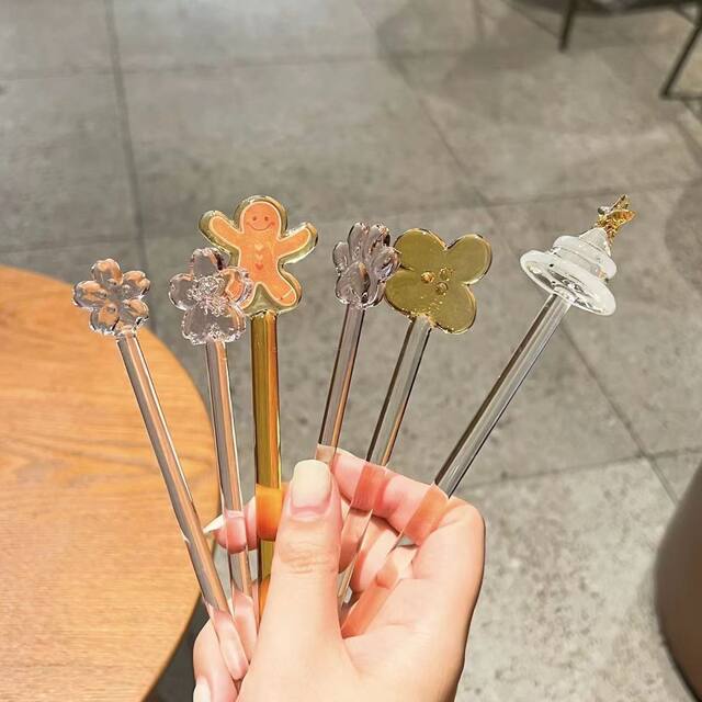 Starba Style Glass Stirring Stick, High Aesthetic Value, Long Handle, Christmas Tree Design, for Juice, Coffee, Cocktail, DIY Finger Stick