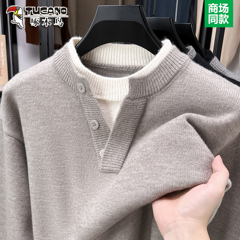 Woodpecker Sweater for Men, Loose Fit, Fake Two-Piece, Round Neck, Autumn and Winter Casual Thick Wool Knit Base Shirt, Men's Fashion