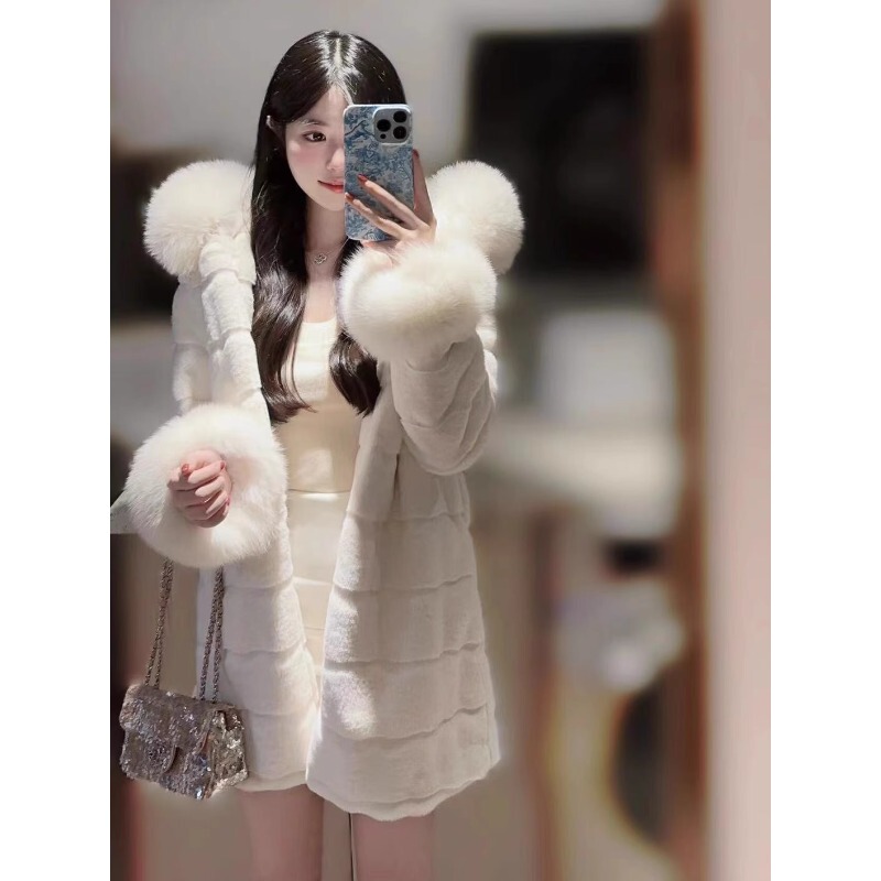 White Faux Fox Fur Collar Rabbit Fur Coat for Women, Hooded Mid-Length 2025 Winter New Plush Mink Coat