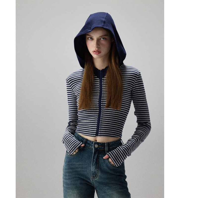 Misschange Designer Brand Striped Slim-Fit Hoodie Short Jacket American Style Slimming Hooded Sweatshirt for Women Misschange Designer Brand Striped Slim-Fit Hoodie Short Jacket American Style Slimming Hooded Sweatshirt for Women