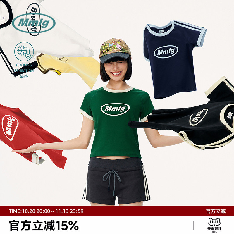 Mmlg Trendy Brand 2026 Summer New Classic Round Neck Short-Sleeved T-Shirt American Style Right Shoulder Slim Fit Top for Women