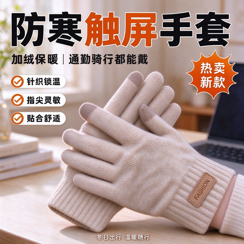 Touchscreen Cotton Gloves for Men, Winter Warm Fleece-Lined Thick Knitted Gloves for Cycling, Unisex Cold-Proof Gloves