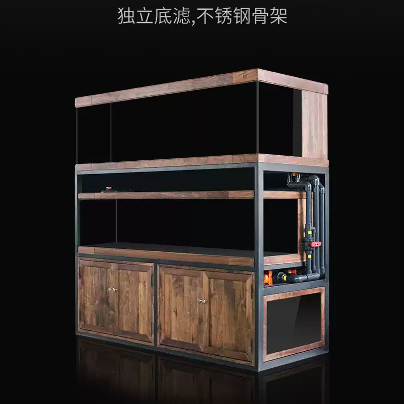 满堂鸿双层龙墅H18黑胡桃钢木结构落地鱼缸实木定制专利静音龙缸 detail 2