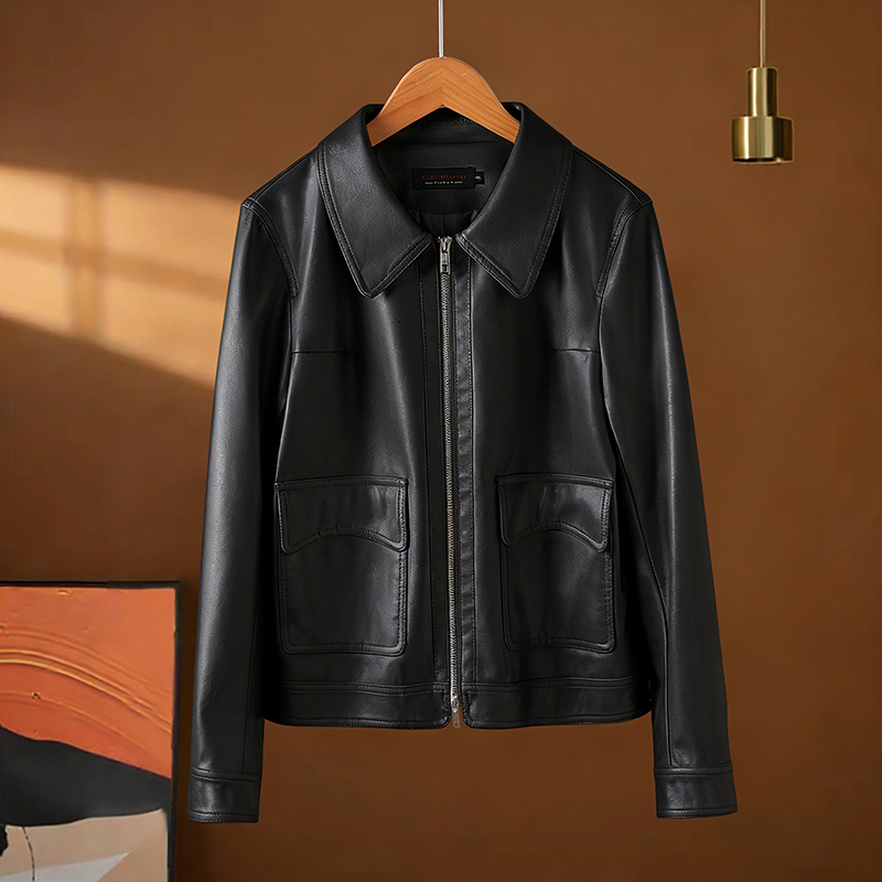Vintage Motorcycle-Style Pocket Pu Leather Jacket for Women, Short Style with Turn-Down Collar and Zipper, High-End Feel, Suitable for Petite Sizes