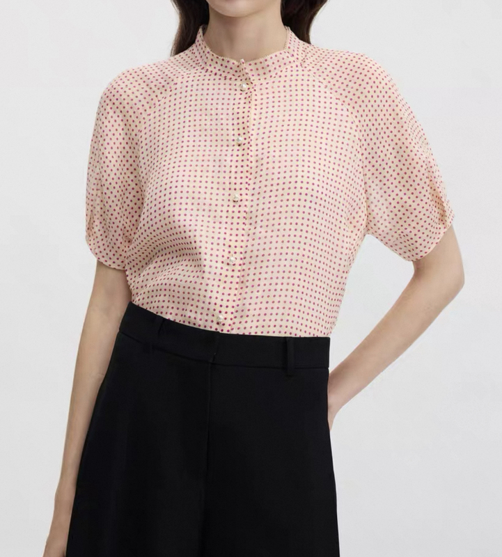 Langjia Same Style Ramie Small Stand Collar Retro Polka Dot Short-Sleeve Shirt Elegant Commuter Style Shirt 2026 Summer New Model