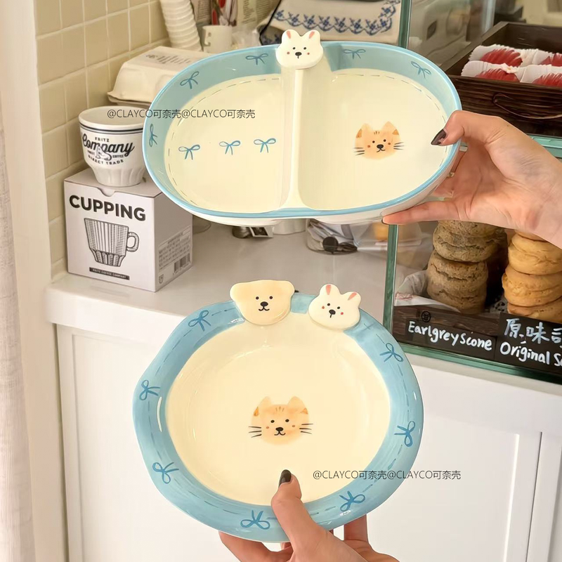 Clayco Cute Cat Plate Household Underglaze Ceramic Rice Bowl Yogurt Bowl Breakfast Plate Dessert Plate Divided Plate