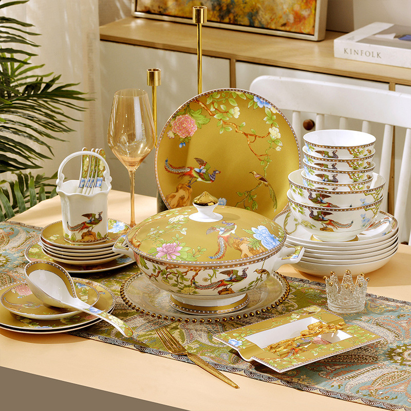 Tableware Set, Complete Set with High-End Enamel Color, Wedding and Housewarming Bowl and Plate Set, New Chinese Style Dinner Plate, Jingdezhen