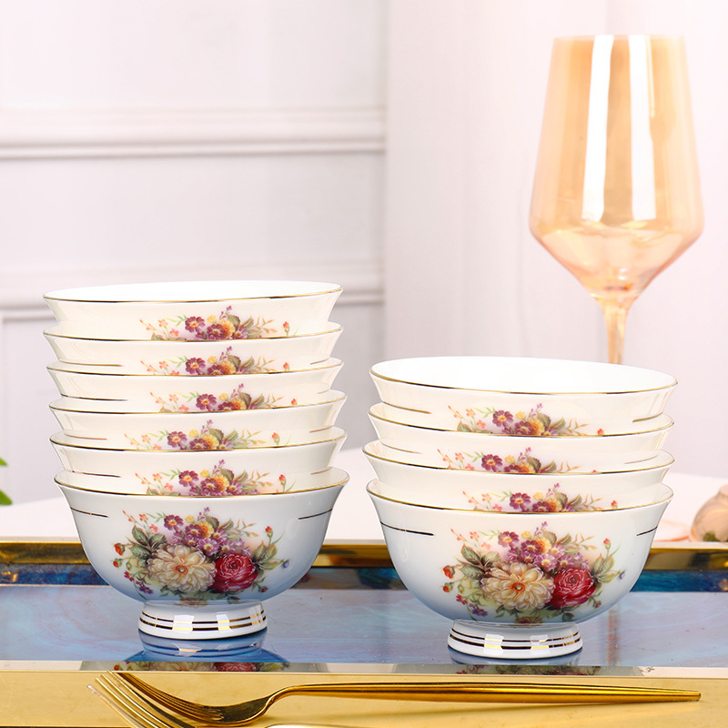 Gold-Edged European-Style Bone China Tableware Bowls and Plates, High-End Luxury Dinnerware Set for Home Use, Wholesale, Romantic Floral Design