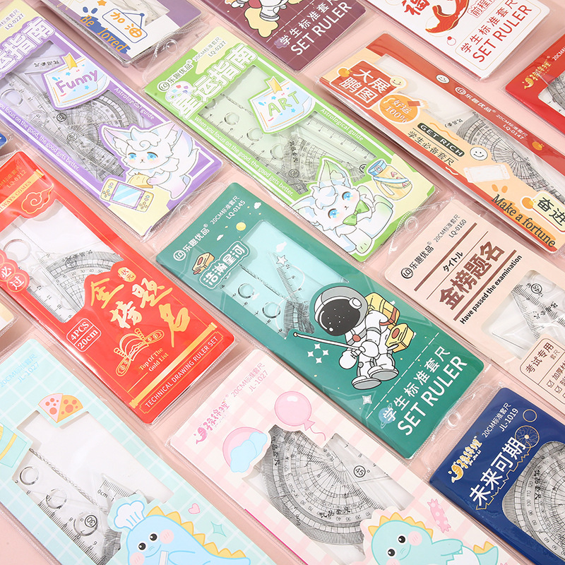 Dream Donkey 新作 透明 学生用 定規 セット クリエイティブ 漫画 定規 セット 小学生 専用 定規 三角 分度器 4点 セット かわいい 文房具 卸売