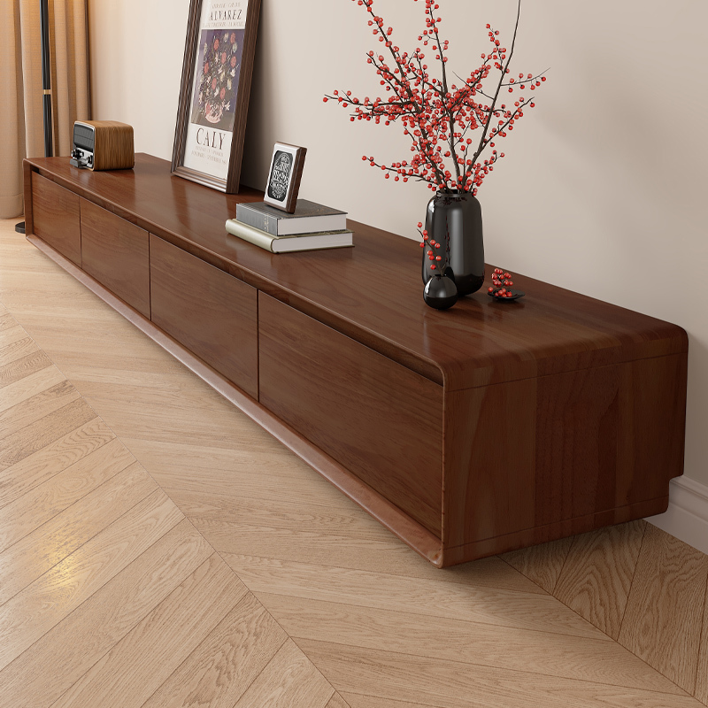 Floor-Standing Solid Wood Tv Cabinet Coffee Table Combination Cabinet Small Apartment Living Room Simple Modern High-End Walnut Color Tv Cabinet