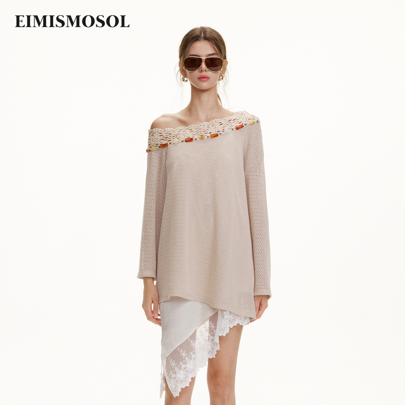 Eimismosol2026 Autumn New Vintage Hollow Crochet Asymmetrical Shoulder Lazy Style Women's Mid-Length Loose Knit Cardigan Eimismosol2026 Autumn New Vintage Hollow Crochet Asymmetrical Shoulder Lazy Style Women's Mid-Length Loose Knit Cardigan