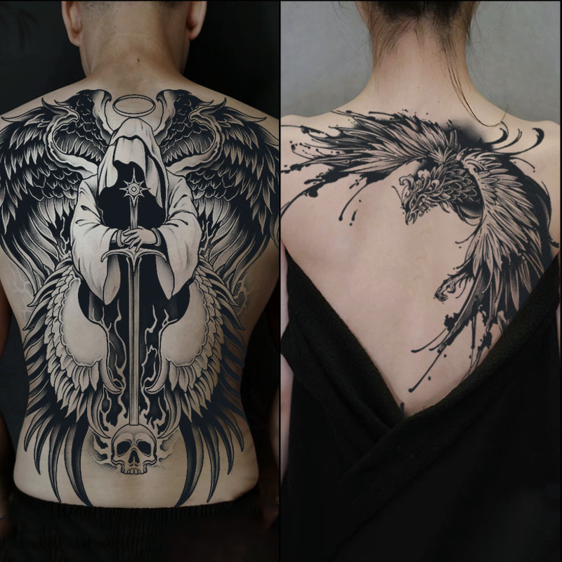 Tattoo Stickers for Men, Waterproof and Long-Lasting, Six-Winged Archangel, Full Back, Herbal, High-End, Large Back Design, Realistic Tattoo, European and American Style