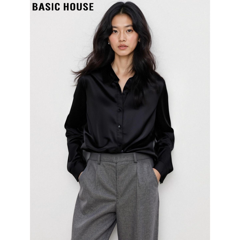 Basic House/Baijiahao Black Satin Long-Sleeved Shirt for Women 2026 Autumn Super Nice-Looking Polo Collar Shirt Basic House/Baijiahao Black Satin Long-Sleeved Shirt for Women 2026 Autumn Super Nice-Looking Polo Collar Shirt