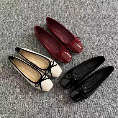 Red ballet shoes for girls, French retro little red shoes, flat soft leather, bow, shallow opening single shoes, grandma shoes