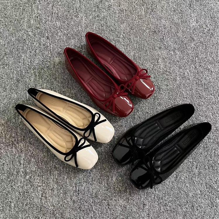 Red Ballet Shoes for Women, French Retro Style, Small Red Shoes, Flat Soft Leather Bowknot Shallow Single Shoes, Granny Shoes