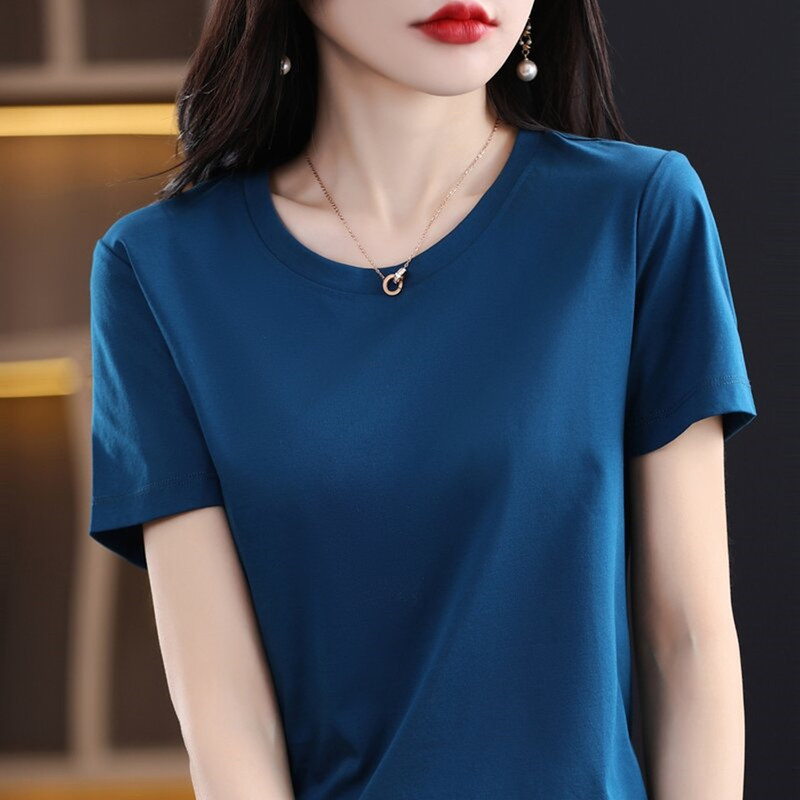 High-End Summer 100-Count Mercerized Cotton Pure Cotton Short-Sleeved T-Shirt for Women, Round Neck, V-Neck, Loose, Simple, Regular Shoulder, All-Cotton Top High-End Summer 100-Count Mercerized Cotton Pure Cotton Short-Sleeved T-Shirt for Women, Round Neck, V-Neck, Loose, Simple, Regular Shoulder, All-Cotton Top
