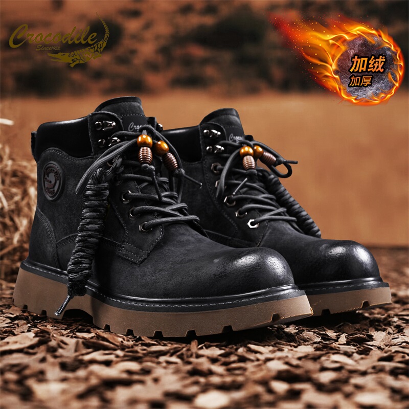 Crocodile Brand Martin Boots for Men, Winter Style, Fleece-Lined, Thick-Soled, Non-Slip, High-Top Shoes, Warm and Versatile Cotton Shoes, Casual Work Boots