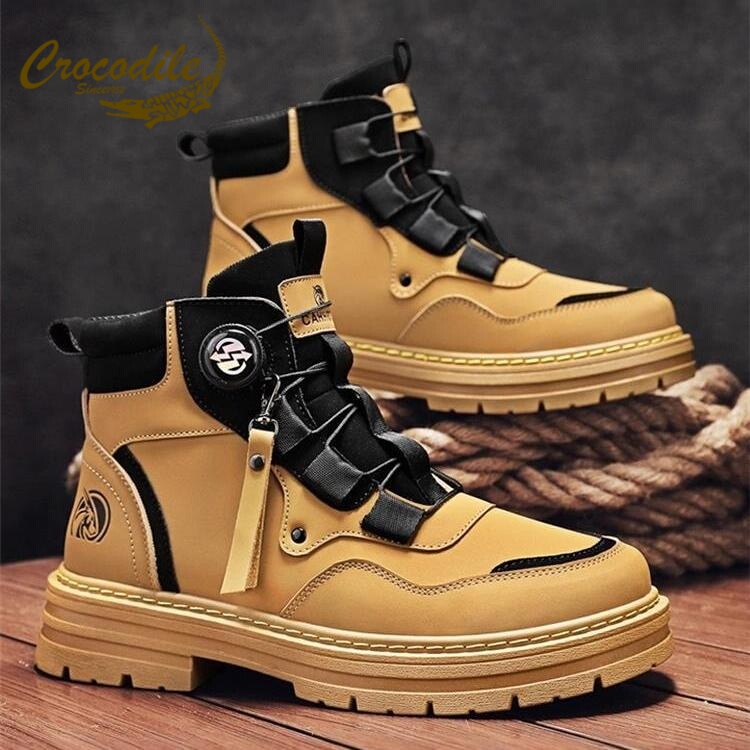 Crocodile Brand Martin Boots Men's Shoes 2026 New Winter Fleece-Lined Warm Cotton Shoes Work Boots High-Top Versatile Yellow Boots