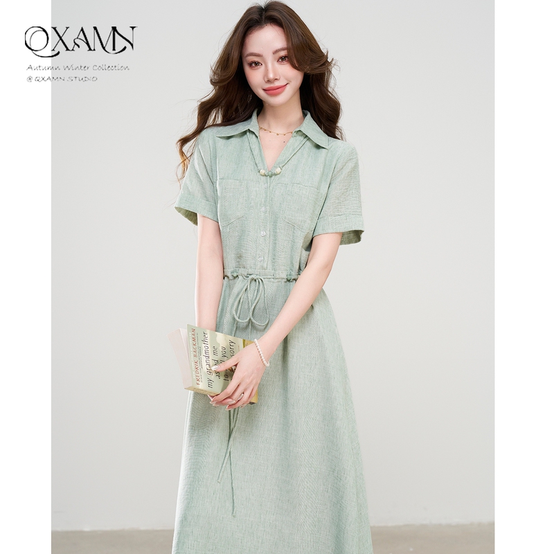 Autumn French-Style Unique and Stunning Early Summer Dress with Pocket Design, Waist-Cinching, Slimming Effect, Turn-Down Collar, A-Line Long Dress