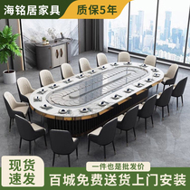 Hotel oval slate electric dining table conveyor belt automatic rotating rectangular induction cooker hot pot banquet table
