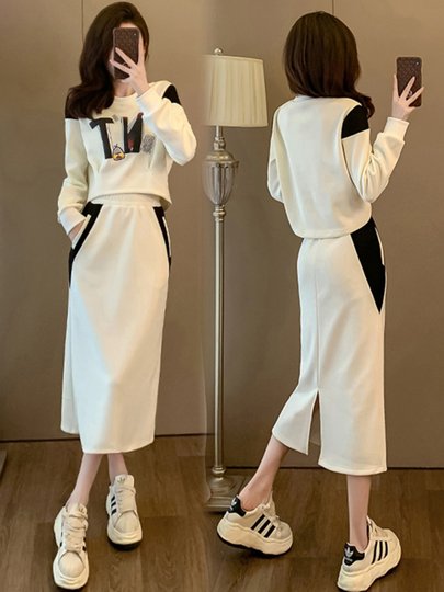 Two-Piece New Set, Popular Spring and Autumn Fashion, Korean Style Casual and Simple Women's Clothing, Skirt and Sweatshirt
