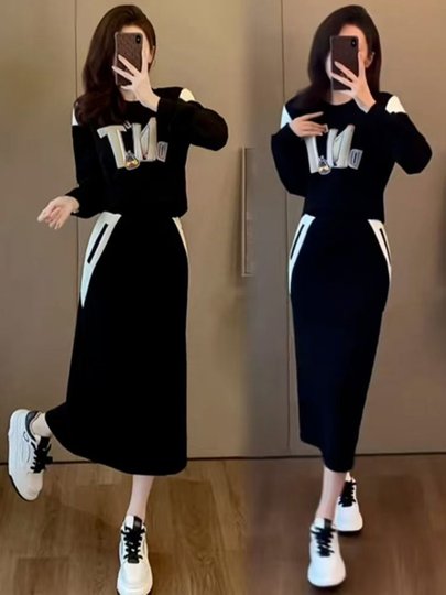 Two-Piece New Set, Popular Spring and Autumn Fashion, Korean Style Casual and Simple Women's Clothing, Skirt and Sweatshirt