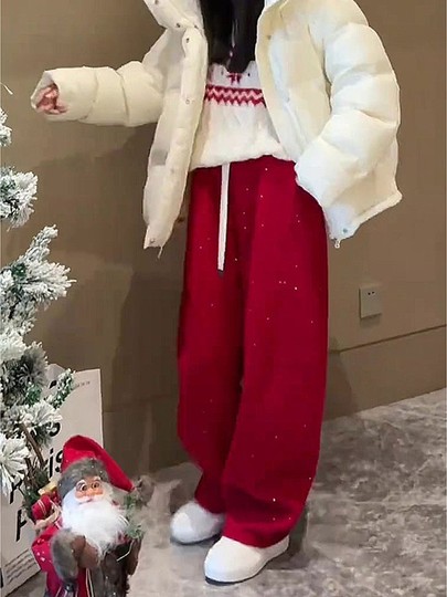 红色直筒巨好看阔腿裤新款宽松秋冬季休闲卫裤加绒裤子女细闪2025