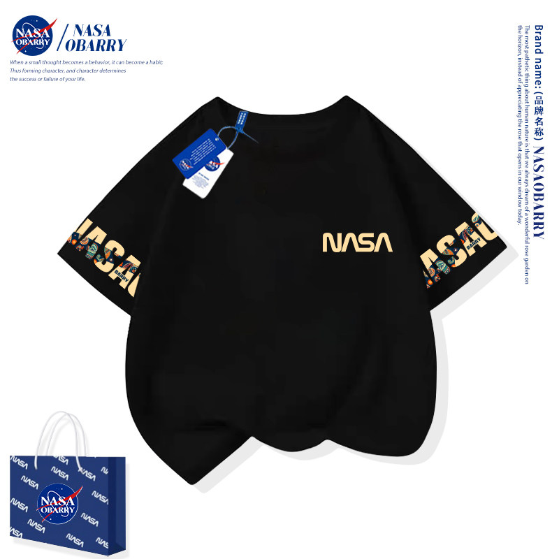 Футболка с короткими рукавами для мальчиков под совместным брендом NASA, новинка 2025 года, летняя хлопковая детская одежда для мальчиков и девочек среднего возраста в западном стиле