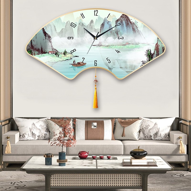 New Chinese-Style Silent Wall Clock for Home Living Room, Quartz Clock for Bedroom, Calendar Clock, Fan-Shaped Creative Clock