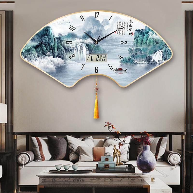 New Chinese-Style Silent Wall Clock for Home Living Room, Quartz Clock for Bedroom, Calendar Clock, Fan-Shaped Creative Clock