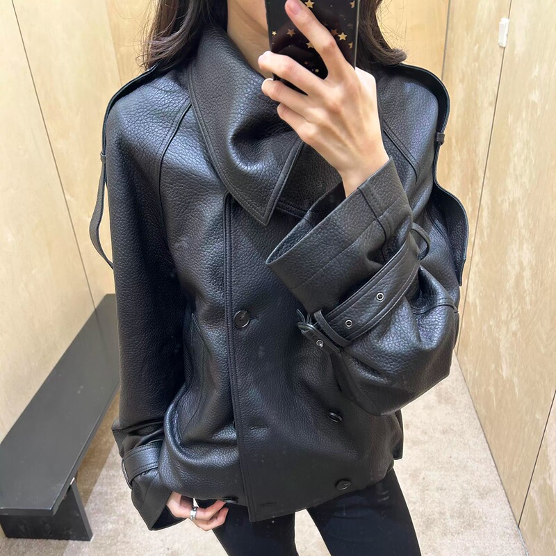 Correct Version】25Fw Slanted Collar Double-Breasted Ac Style Pebbled Leather Lambskin Short Coat Silhouette Jacket