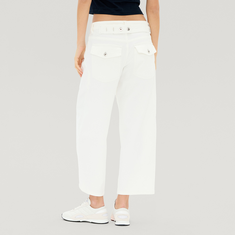Cdou A3(9S) Button-Cinch Retro Adjustable Strap Loose Mid-Waist White Jeans
