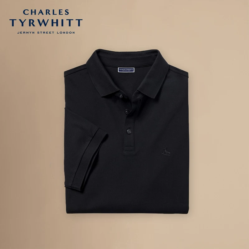 CHARLES TYRWHITT Charlotte тойлбери, черное летнее поло, с вышивкой, с коротким рукавом