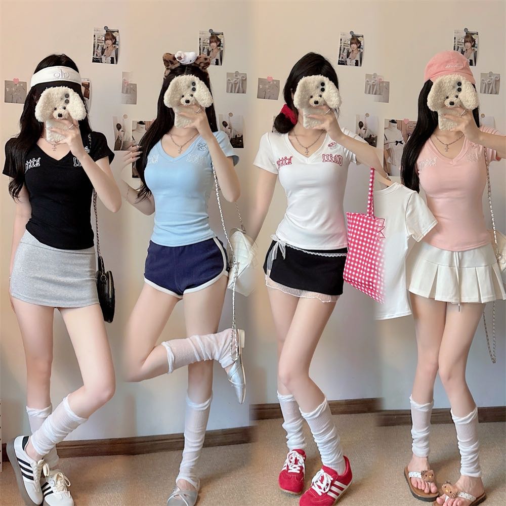 美式V领正肩运动风T恤女春季新款修身显瘦辣妹设计感短袖上衣ZZ