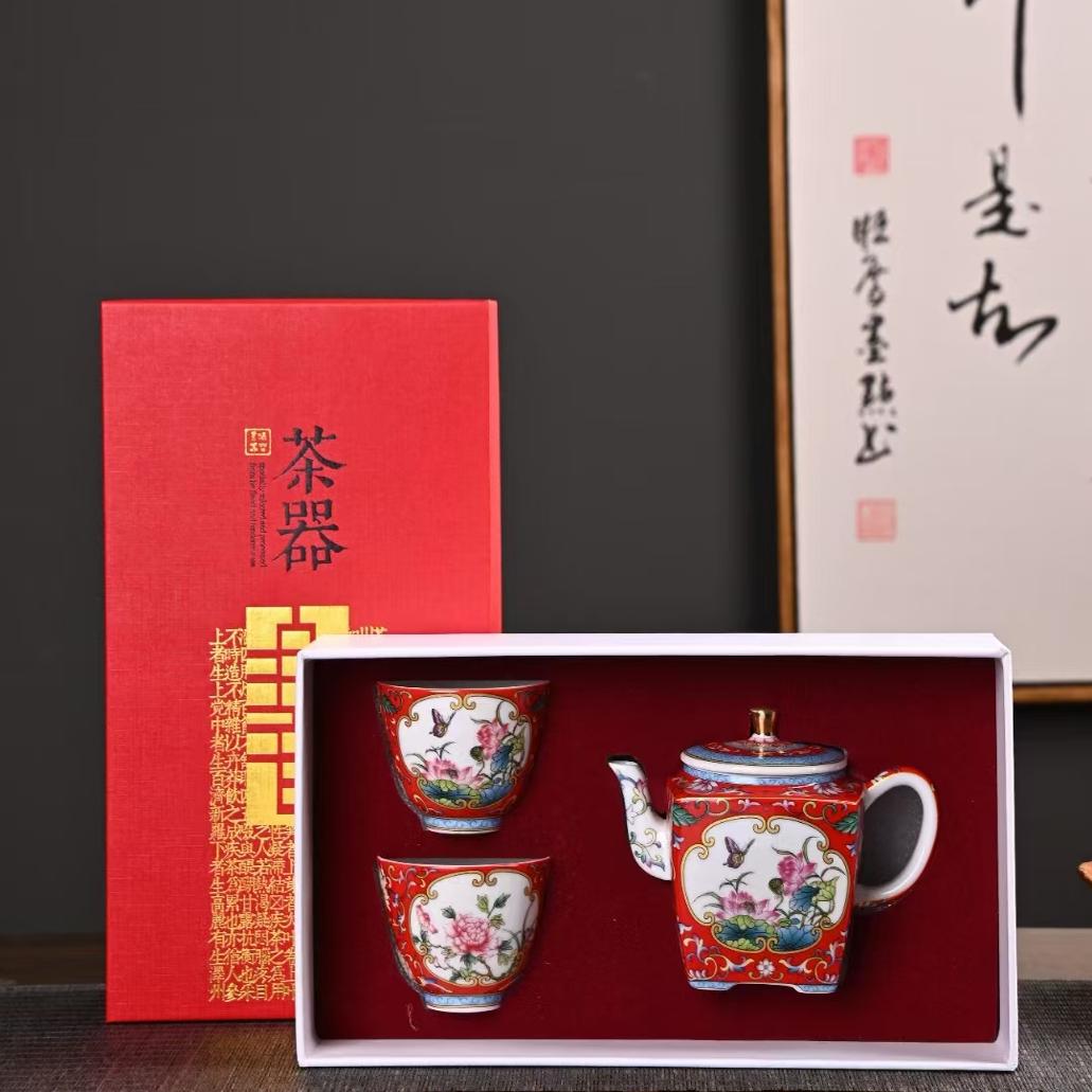 Enamel tea set gift box travel portable one pot two cups outdoor household filter teapot tea cup living room personal