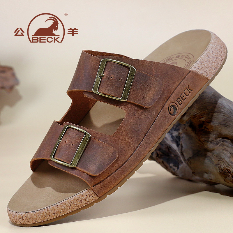 Beck Rams Thick-Soled Leather Beach Shoes for Men 2026 New Summer Outdoor Cork Birkenstock-Style Slip-On Sandals