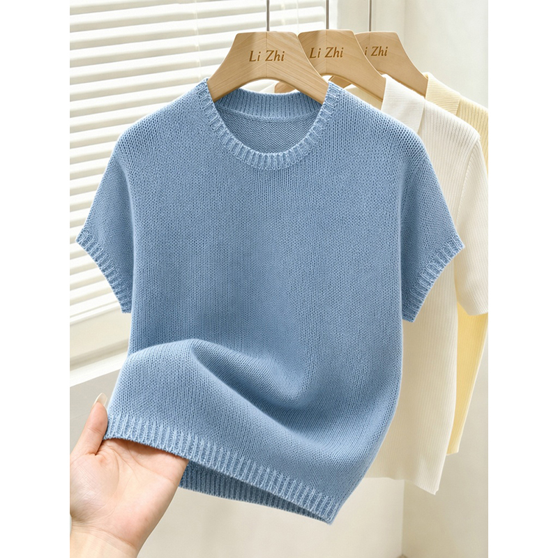 【100% Pure Cotton】Cloud Breath Holiday Vibe Round Neck Short Sleeve Knit Top for Women, Summer Thin Casual Top 【100% Pure Cotton】Cloud Breath Holiday Vibe Round Neck Short Sleeve Knit Top for Women, Summer Thin Casual Top