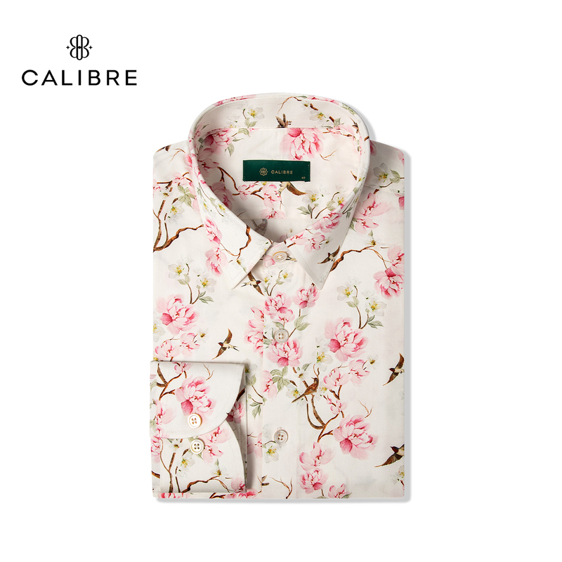 【26 New Products】Calibre Chinese Style Swallow Floral Pink Shirt Men's Long Sleeve Vintage Artistic Cotton Slightly Stretchy Shirt