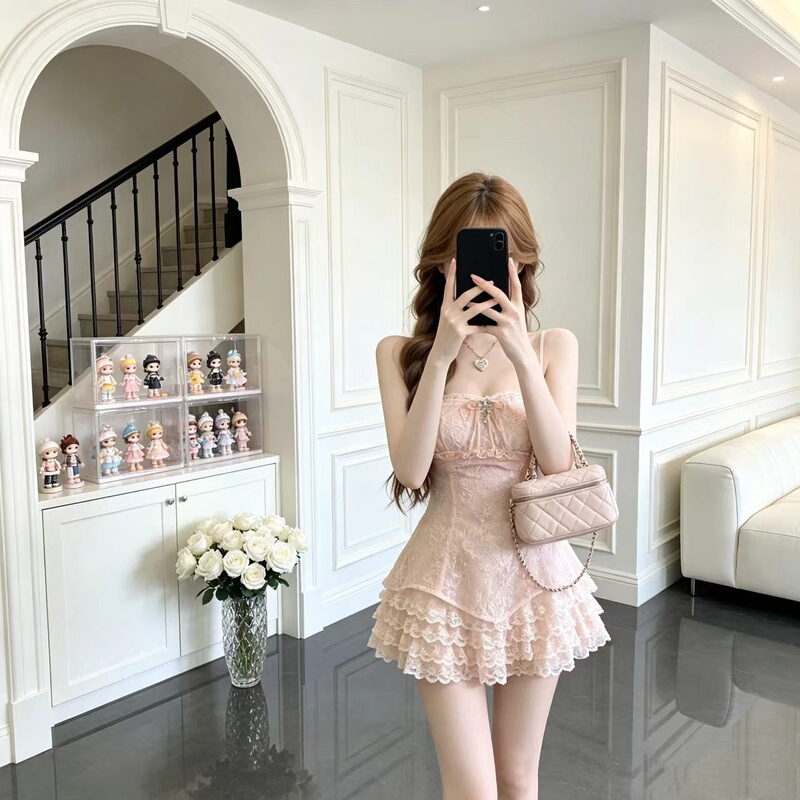 French Sweet Style Pink Lace Suspender Dress for Women, Layered Cake Dress with a Sweet Look
