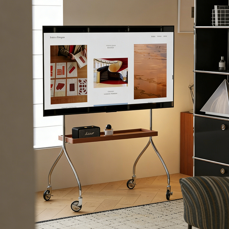 Stainless Steel Tv Stand, Floor-Standing, Movable, Solid Wood, Vintage Cart-Style Storage Shelf, Suitable for Living Room and Bedroom