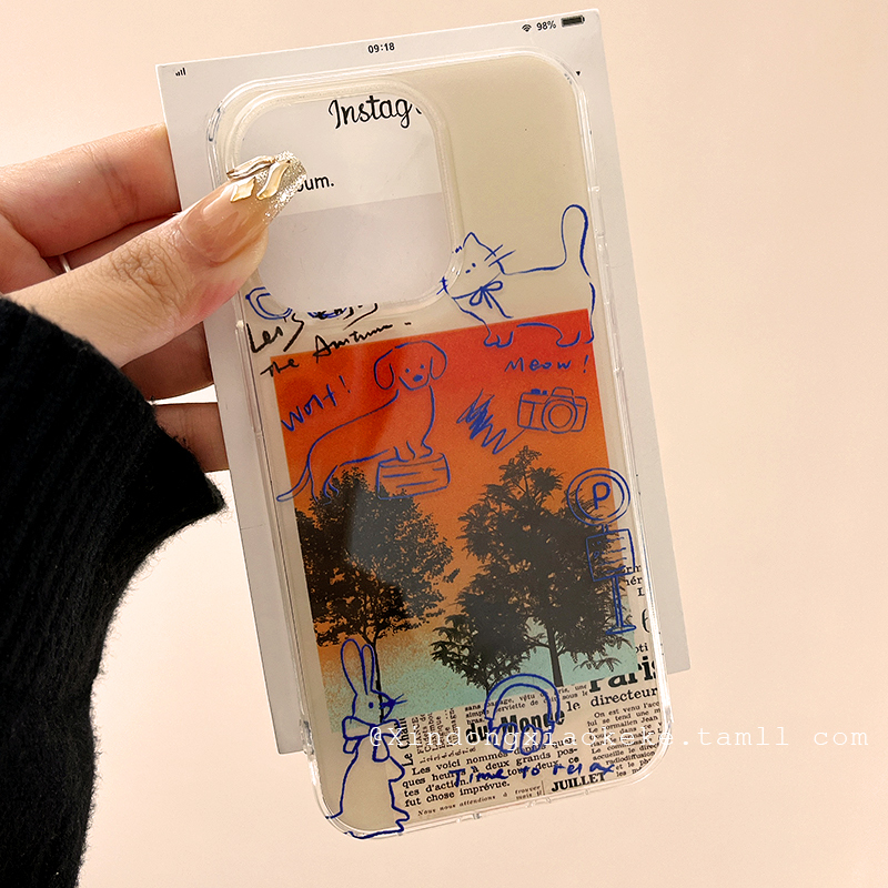Japanese and Korean Sunset Coconut Tree Cute Graffiti Suitable for Apple Iphone16Promax Mobile Phone Case 15Pro New Style 14 Anti-Fall 13 Niche Female Model 14Pro All-Inclusive 16 Silicone 15Promax Boys
