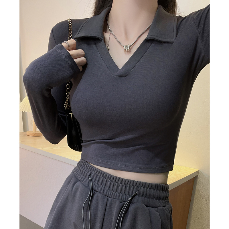 Polo Collar Short Crop Top Slim Fit Long Sleeve Base Shirt Women's T-Shirt Spring and Autumn Pure Desire Style Hot Girl Inner Wear Regular Shoulder Top Polo Collar Short Crop Top Slim Fit Long Sleeve Base Shirt Women's T-Shirt Spring and Autumn Pure Desire Style Hot Girl Inner Wear Regular Shoulder Top