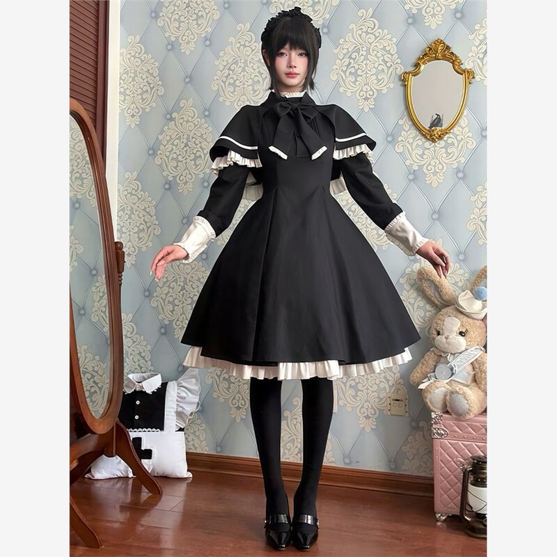 Lolita Dark Style Petite Outfit New Cape + Patchwork Dress Set