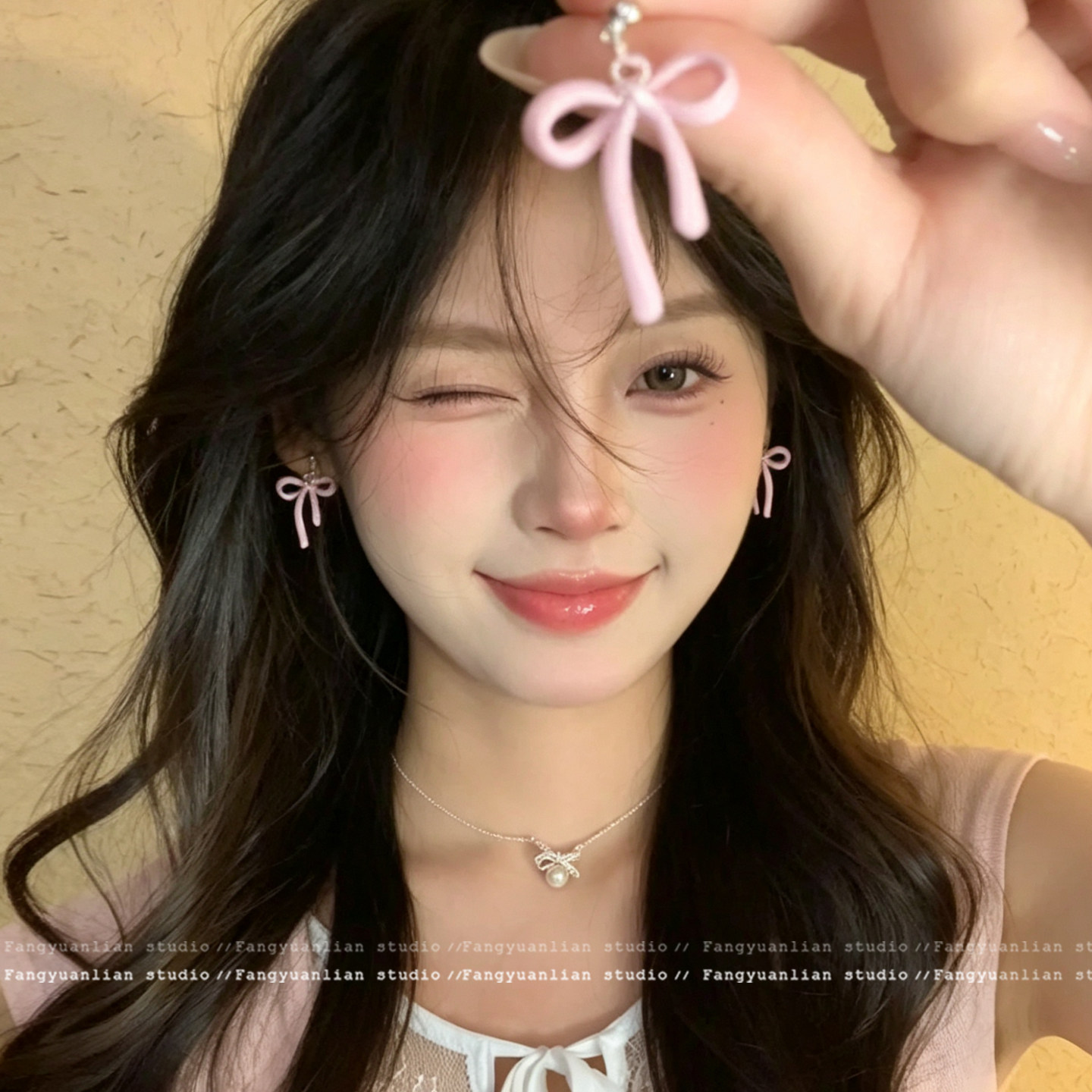 甜美gril 粉色蝴蝶结耳环女2026新款高级感气质耳针独特漂亮耳饰
