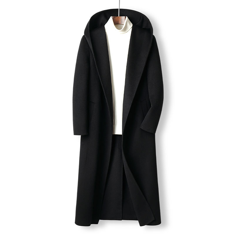 Autumn and Winter Extra-Long Over-The-Knee Hooded Bathrobe Style Lace-Up Double-Sided Cashmere Coat Men's Trench Coat Trendy Jacket