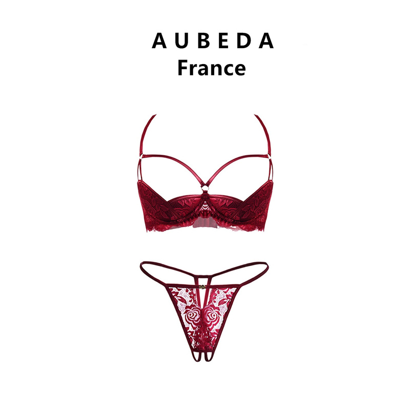 French Aubeda French-Style Hollow-Out Sexy Three-Point Lace No-Take-Off Thong Women's Push-Up Bra Set