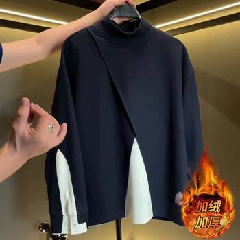 Light Luxury Men's Clothing, Plus-Size Trendy Brand, Men's 2025 Autumn and Winter New Style, Color-Blocking, Irregular Design, Long-Sleeve Top