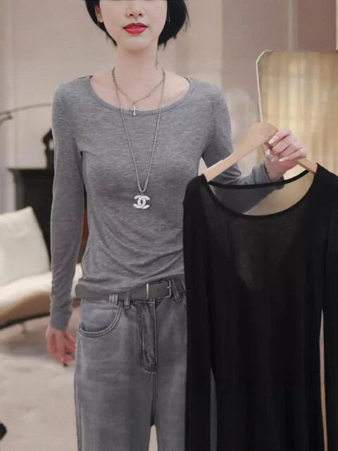 Gray Backless Mesh Patchwork Long-Sleeve T-Shirt for Women 2025 New Style Base Shirt Super Pretty Unique Plus-Size Top