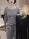 Gray Backless Mesh Patchwork Long-Sleeve T-Shirt for Women 2025 New Style Base Shirt Super Pretty Unique Plus-Size Top