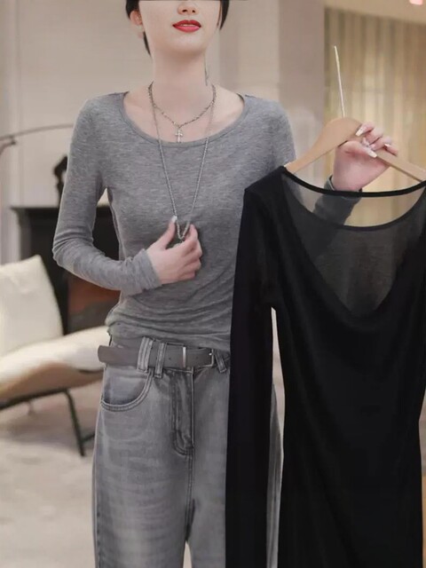 Gray Backless Mesh Patchwork Long-Sleeve T-Shirt for Women 2025 New Style Base Shirt Super Pretty Unique Plus-Size Top